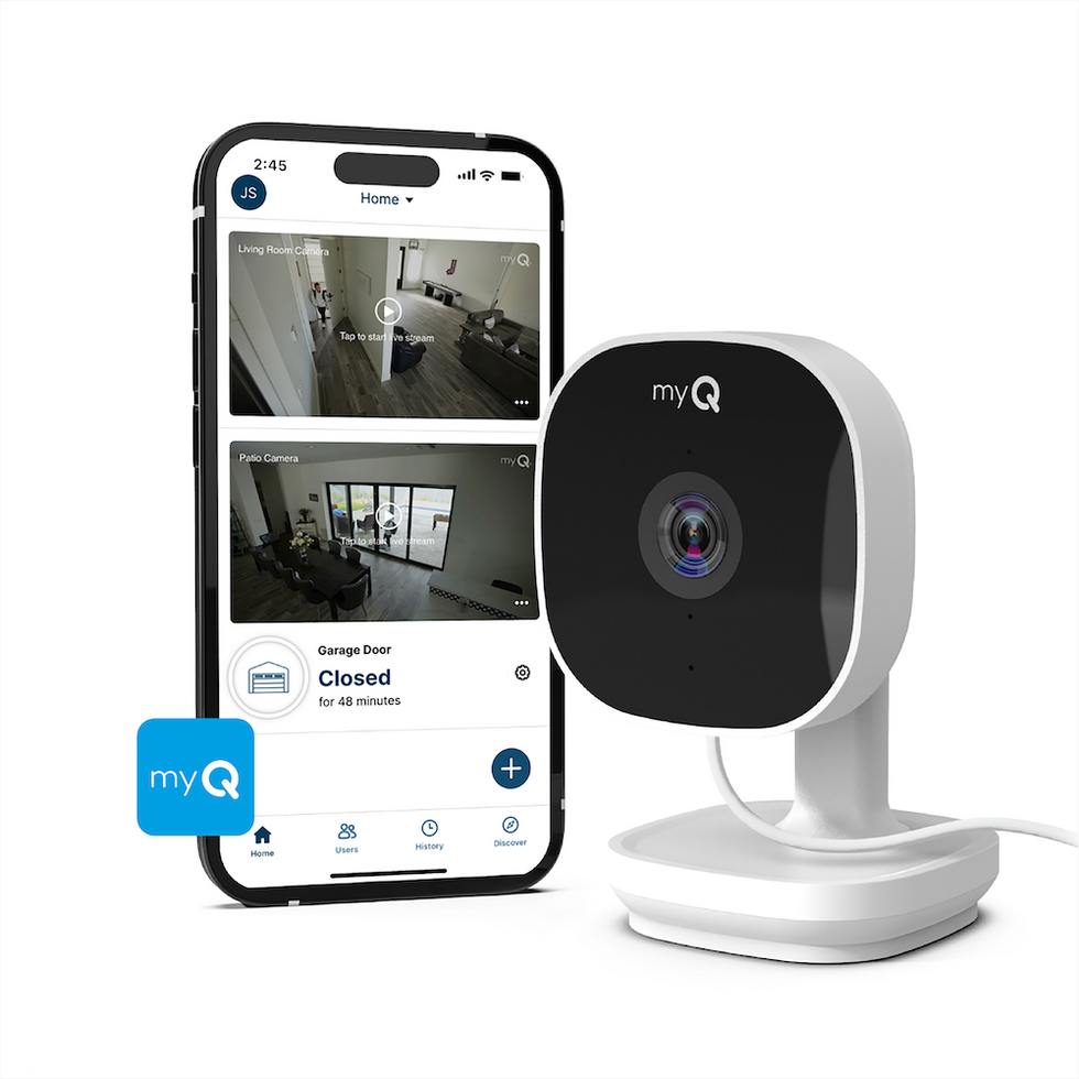 a product shot of myQ Smart Indoor Camera  and a smartphone showing the myQ app