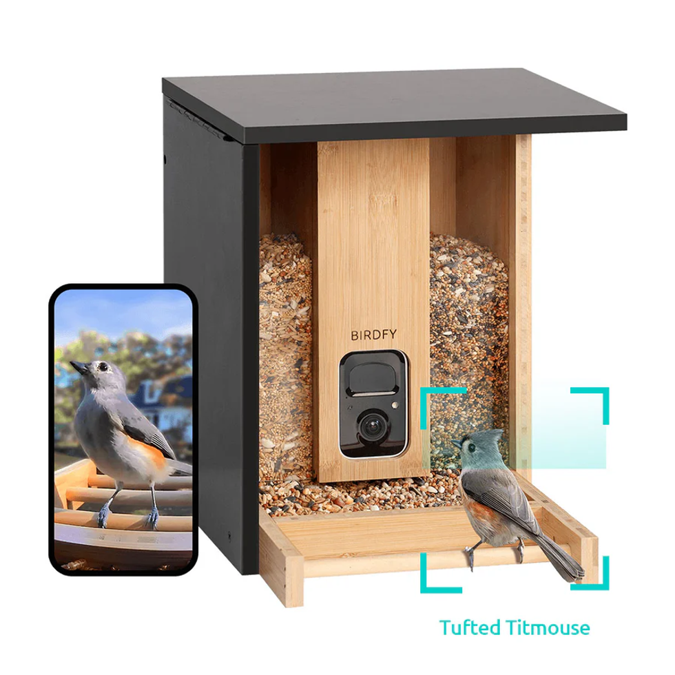 a photo of Birdfy Feeder AI and a smartphone showing their app
