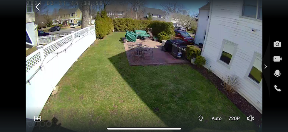 a screenshot from the Tapo app showing a live feed during the day of a backyard.