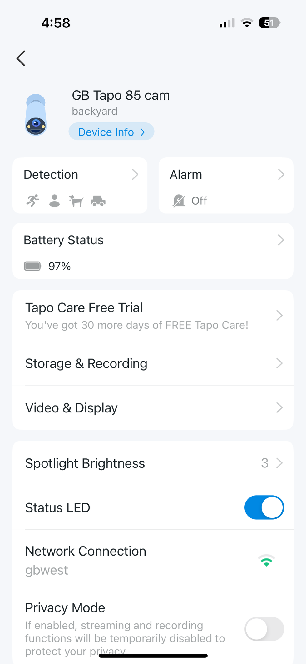 a screenshot of tapo app showing camera settings