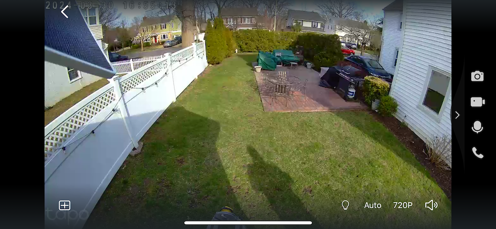 a screenshot from Tapo app showing TC85 camera at 720p resolution during the day