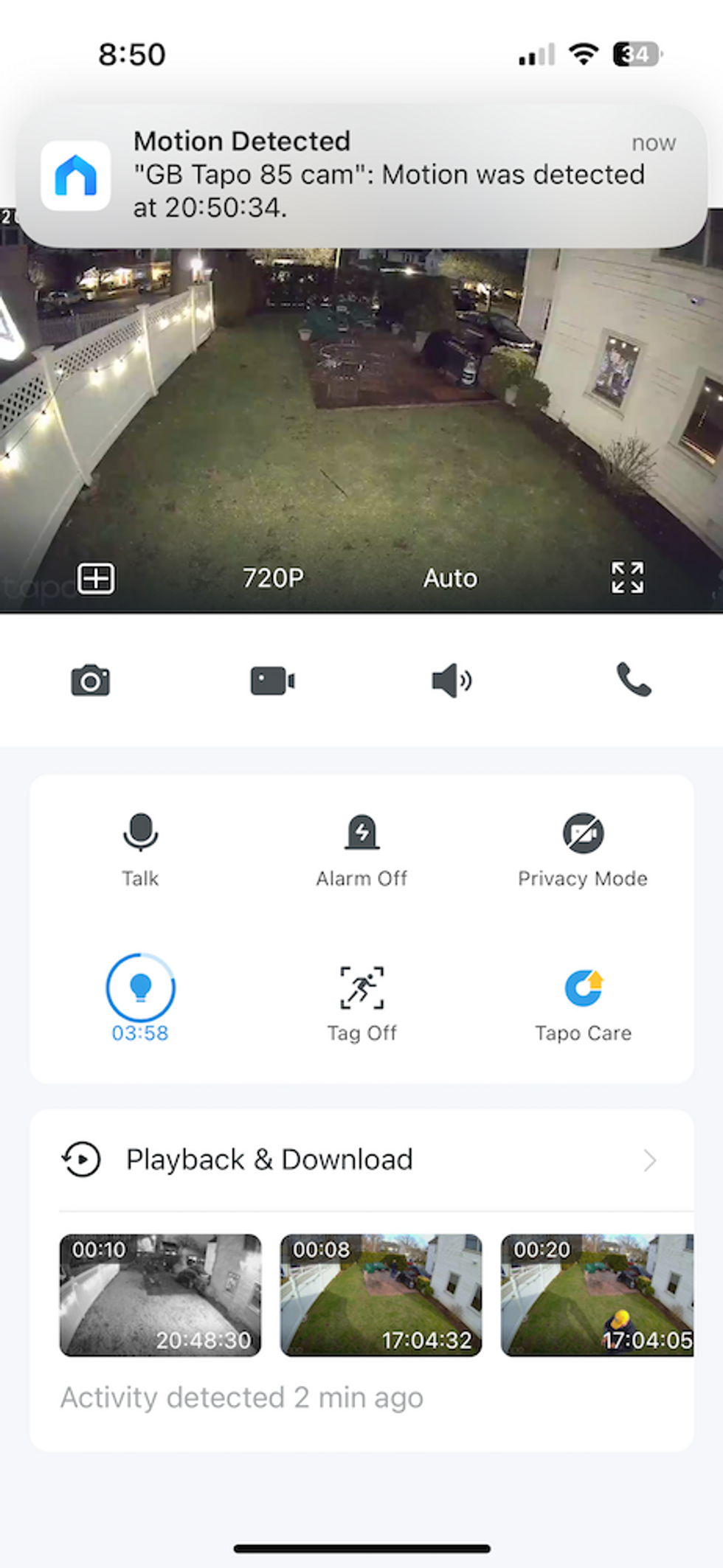 a screenshot of Tapo app homescreen getting a motion alert