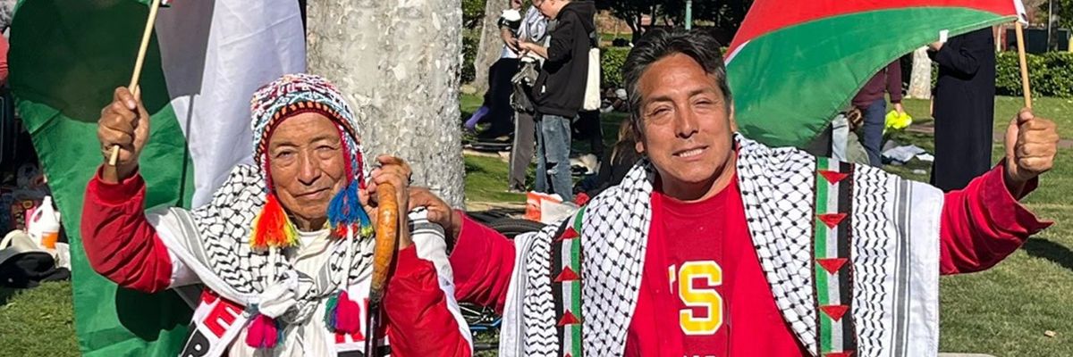 Image of Lazaro Aguero, a Latino father participating in university protests at USC advocating against the genocide in Palestine.