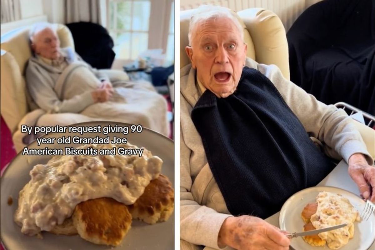 biscuits and gravy, grandad joe, cute old people, wholesome, brits try american foods, food