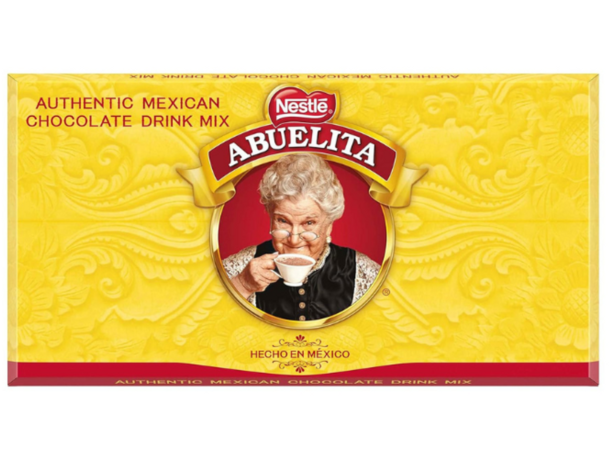 Package of Mexican chocolate drink mix featuring a portrait of Sara Garc\u00eda, affectionately known as 'La Abuelita de M\u00e9xico.'