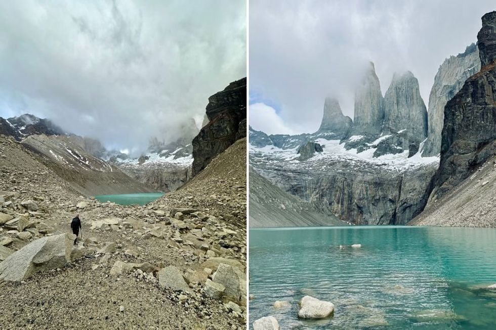 large granite towers over a turquoise lake