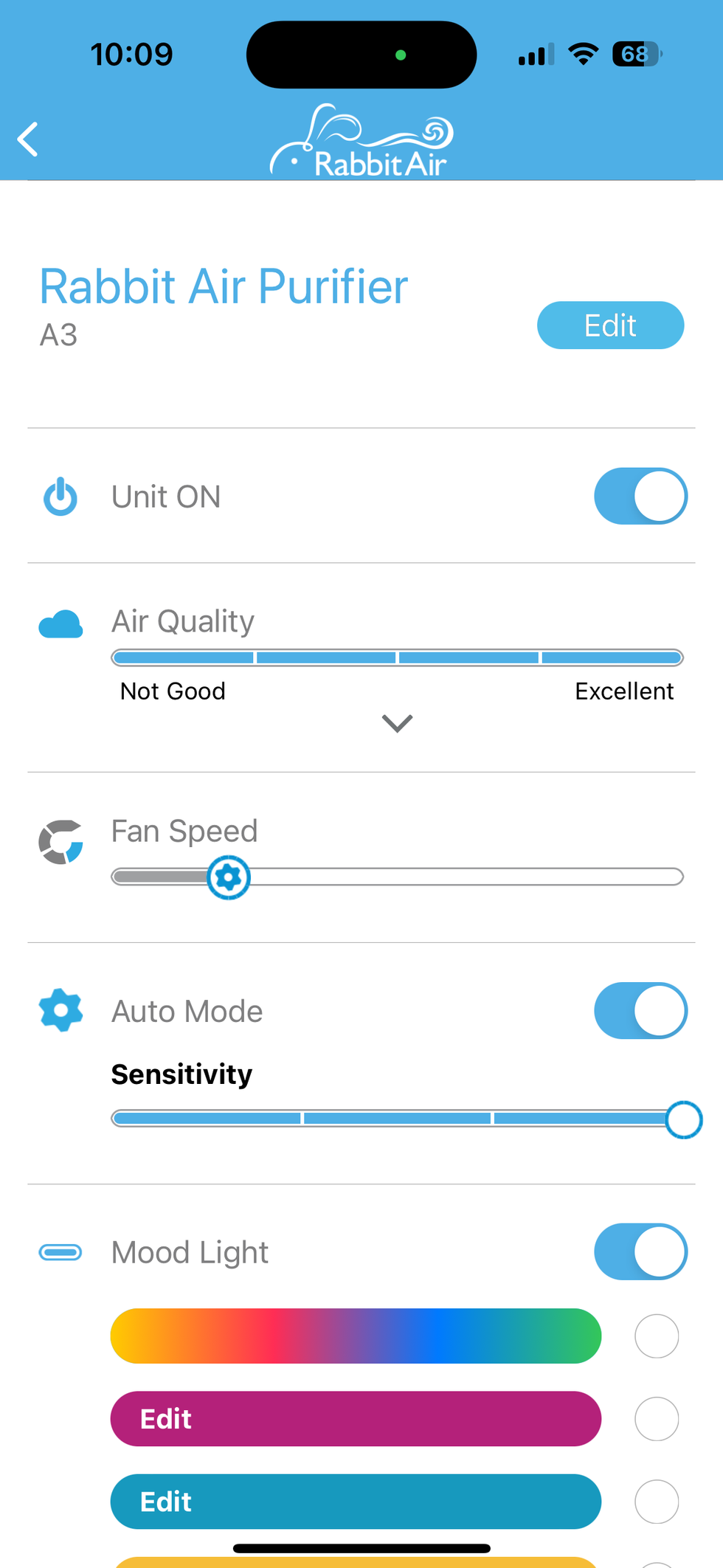 a screenshopt of Rabbit Air app's fan controls