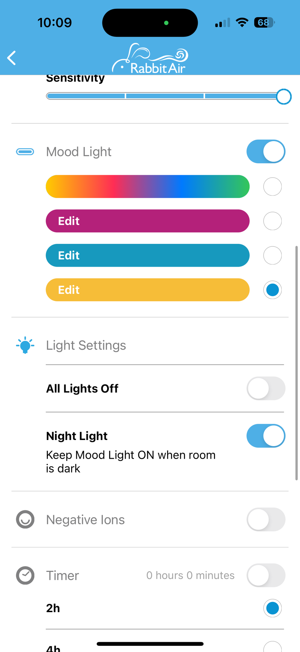 a screenshot of mood lighting controls in Rabbit Air app