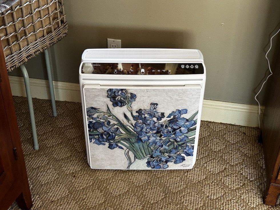 a photo of Rabbit Air A3 air purifier plugged in on the floor