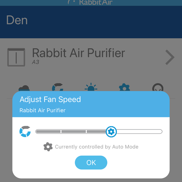a screenshot of Rabbit Air app showing fan speed controls