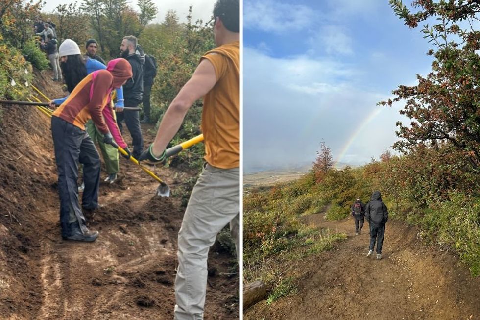 people using hoes and other tools to build a trail