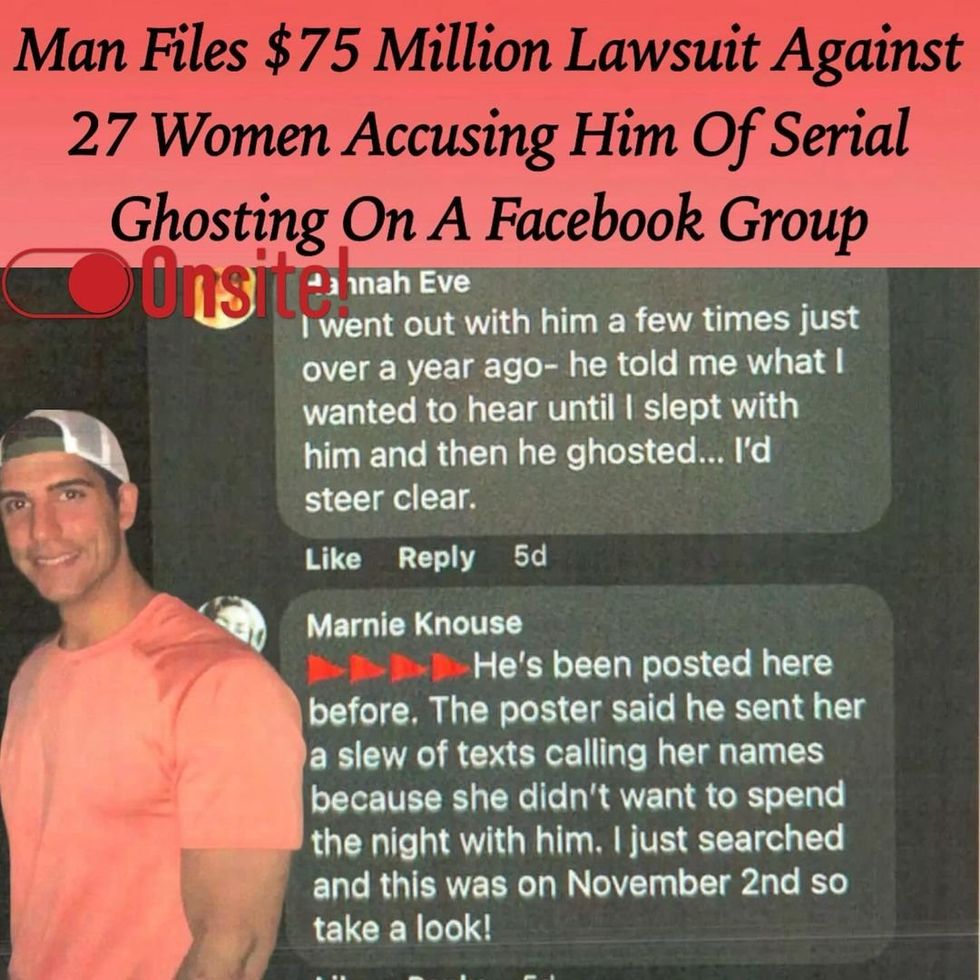 Instagram post illustrating the news: A man sues 27 women over negative reviews posted in an 'Are We Dating the Same Guy' Facebook Group.
