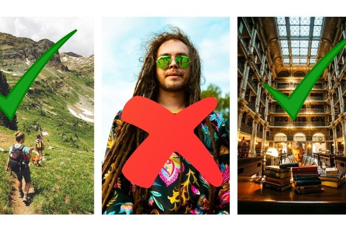 photo montage of people hiking, taking drugs and reading in a beautiful library
