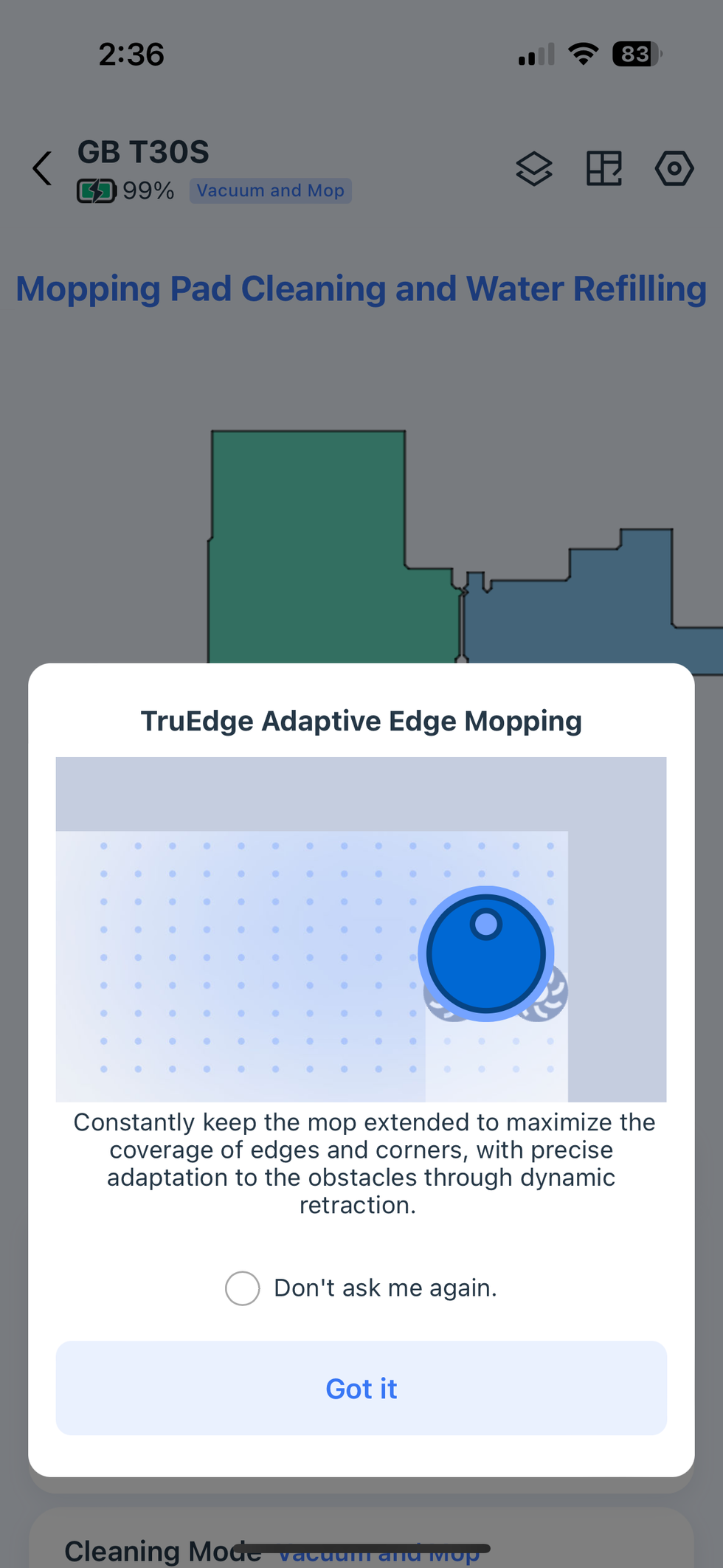 a screenshot of Ecovacs app showing TruEdge Adapable Edge Mapping