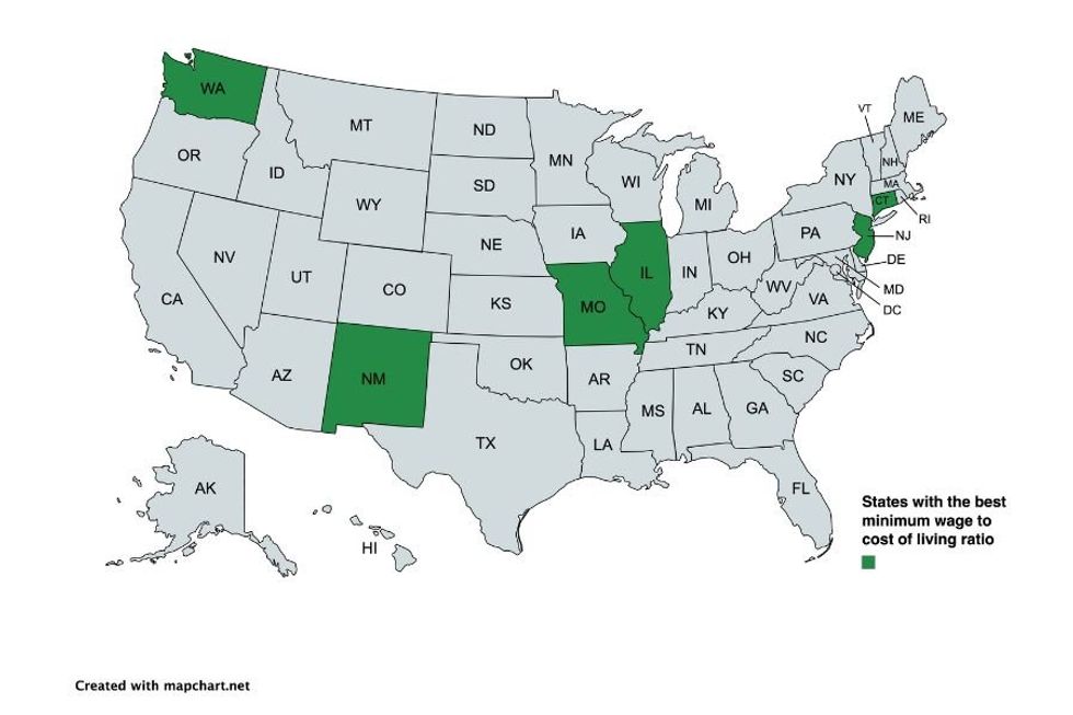 map of united states with these states highlighted in green: Washington, New Mexico, Missouri, Illinois, New Jersey and Connecticut