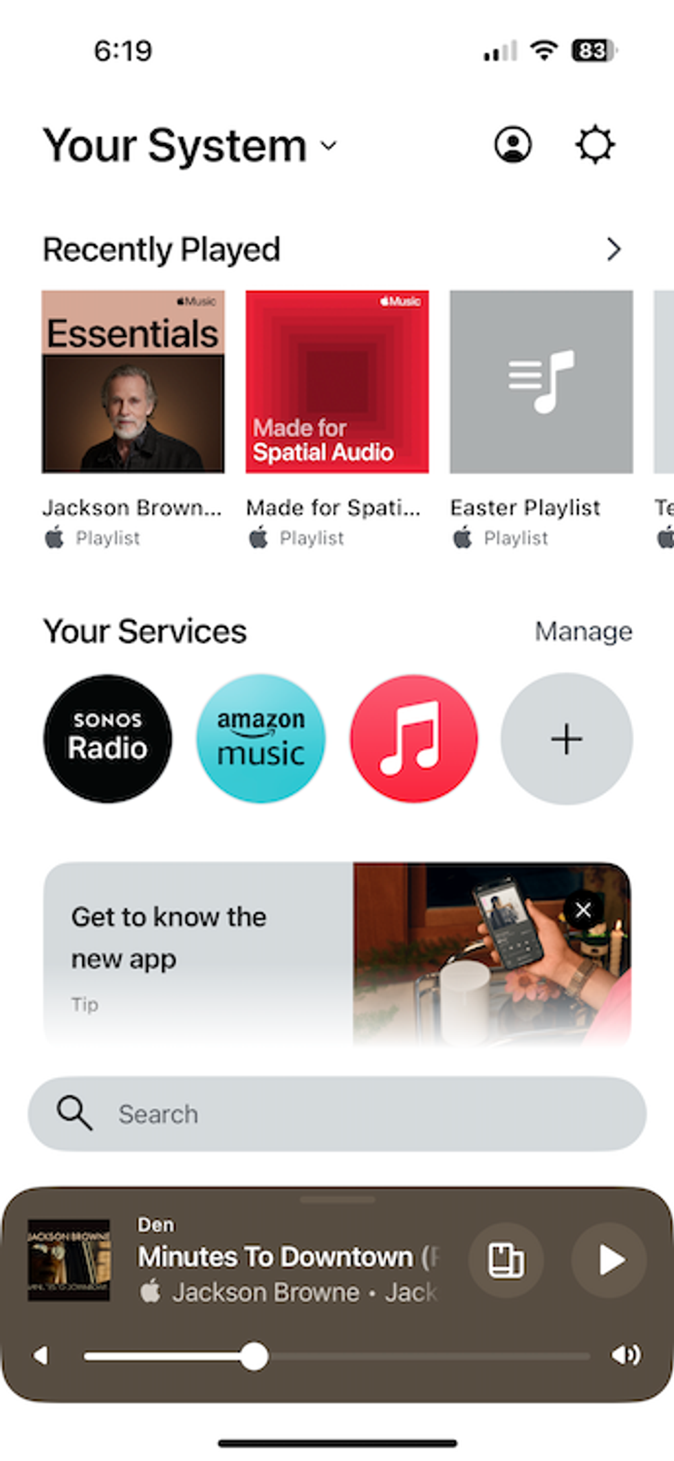 Screenshot of Sonos app homescreen