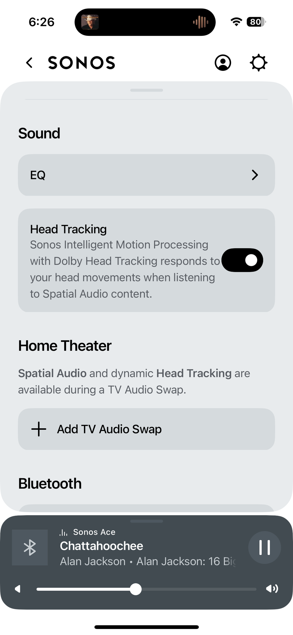 Screenshot of sound settings for Sonos Ace