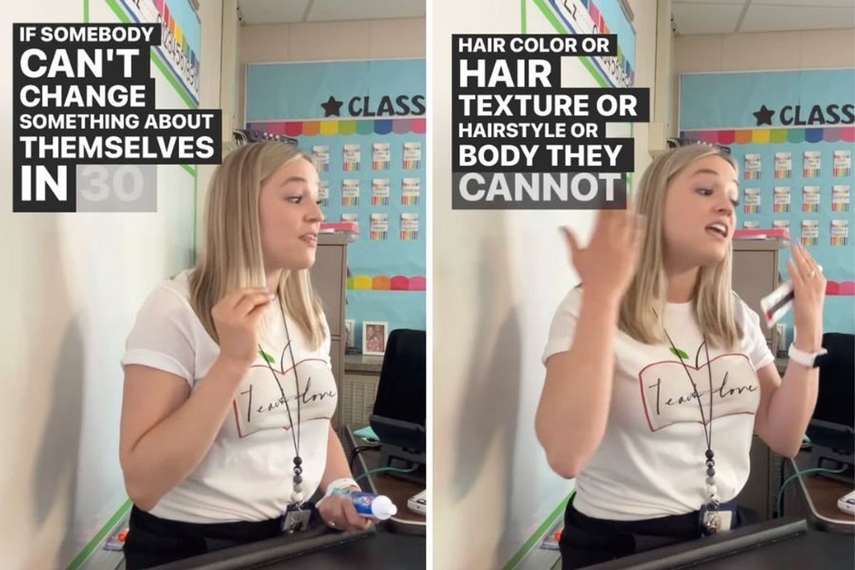 young woman speaking to classroom beside text overlay