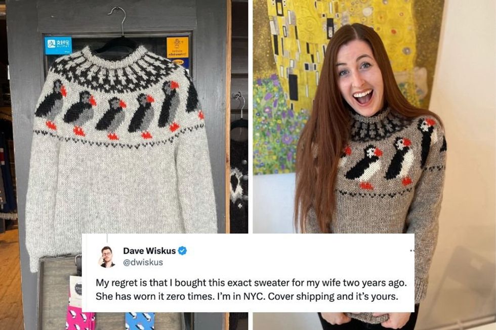 Two strangers sharing opposite regrets over a puffin sweater led to a delightful exchange