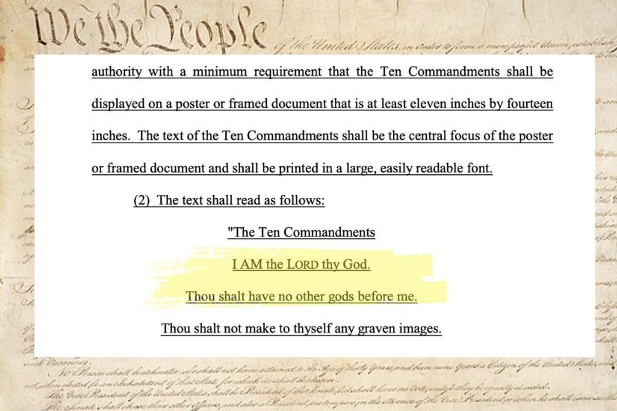 Constitution of the United States with text from a Louisiana law overlaid over it.