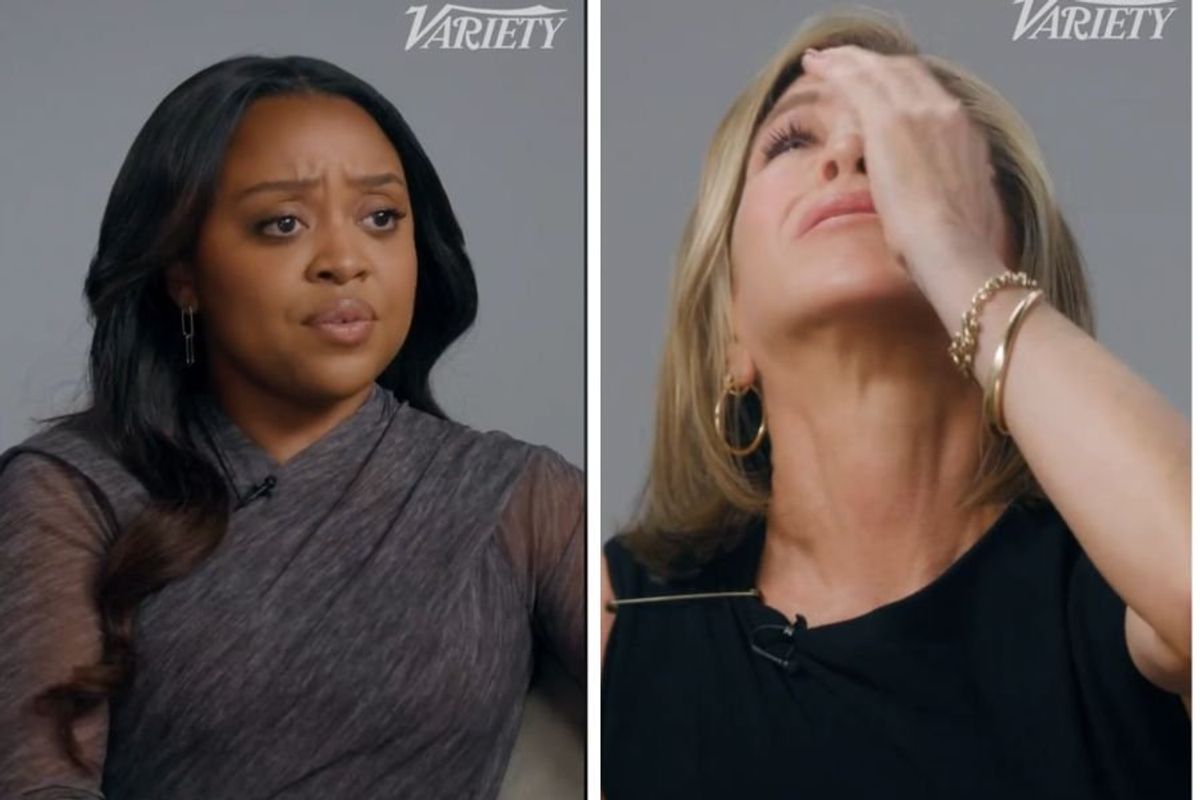 Actreses Quinta Brunson and Jennifer Aniston in an interview.