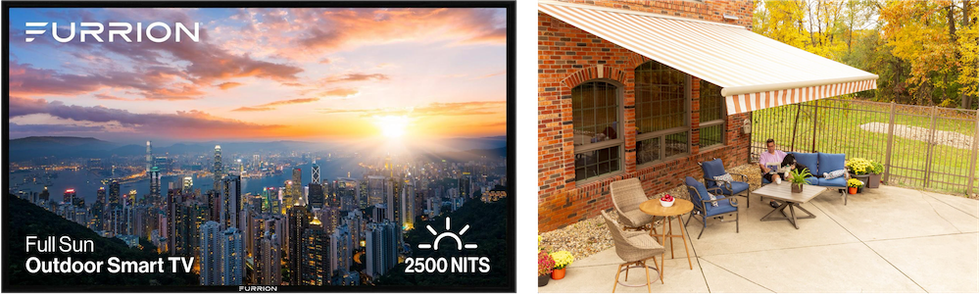 two photos: an outside backyard with all-new Lumina retractable awnings and the other photo is of Furrion full sun outdoor smart TV.