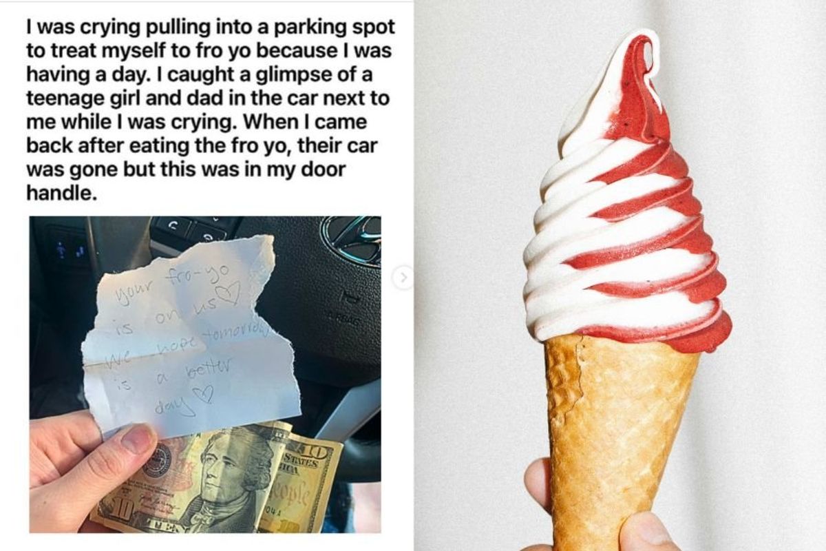 screenshot of a note and $10 bill next to a cone of frozen yogurt