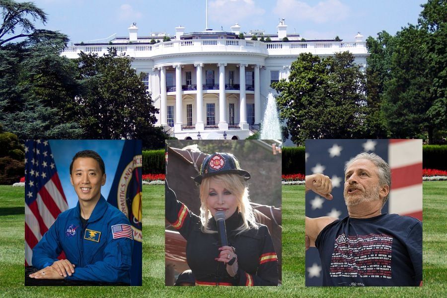 the white house and photos of jonny kim, dolly parton and jon stewart