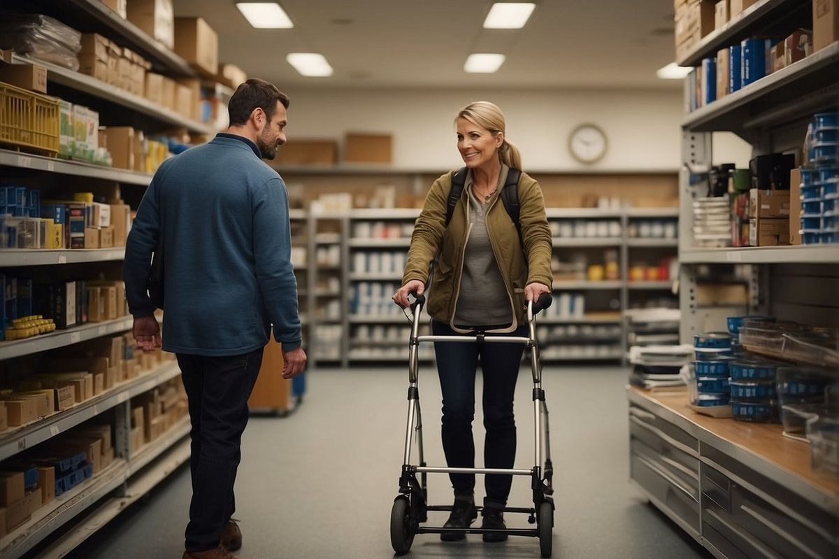A person uses adaptive equipment to independently reach a high shelf, while an assistive device is used to support their weight while walking