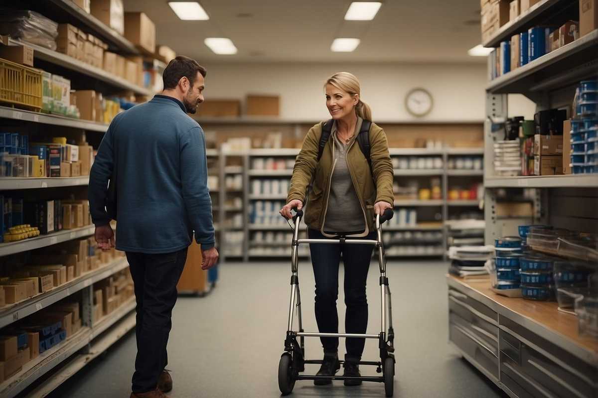 A person uses adaptive equipment to independently reach a high shelf, while an assistive device is used to support their weight while walking