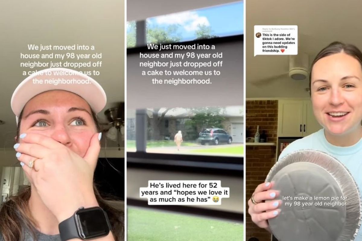 screenshots from video of woman sharing story of her neighbor welcoming her family to the neighborhood