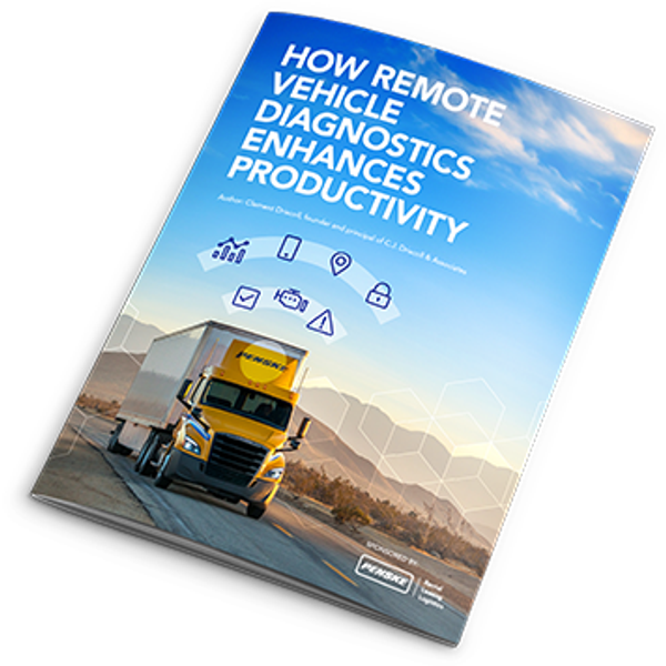 eBook cover showing Penske truck on road with digital icons overhead entitled: How Remote Vehicle Diagnostics Enhance Productivity.