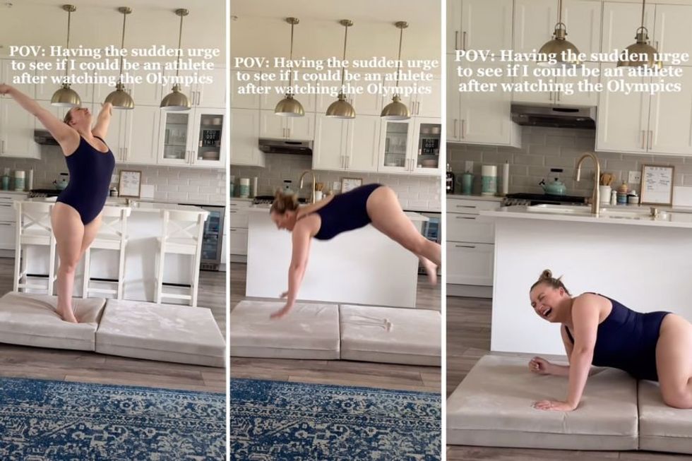Mom attempts impossible Olympic gymnastics routine in her kitchen so you don't have to