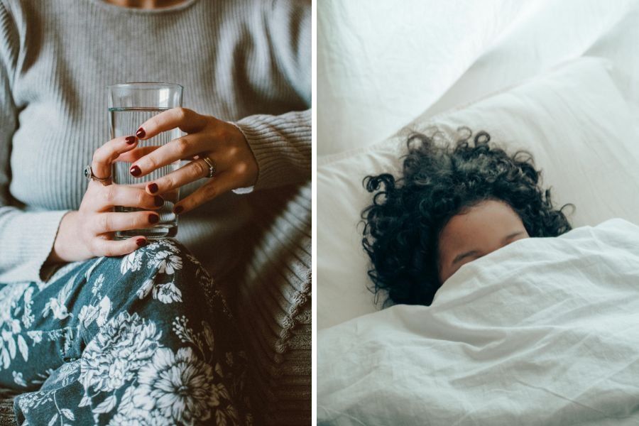 woman holding a glass of water, someone in bed sleeping