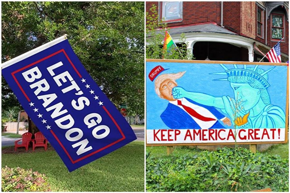 trump flags, biden 2024 flags, political polarization