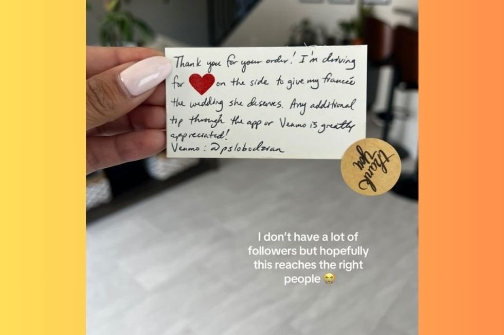 Uber Eats driver saving for wedding leaves heartfelt note in a bag and it pays off big time