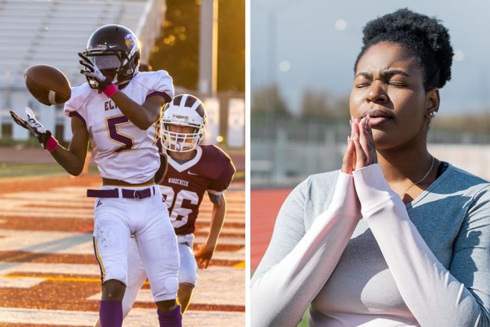 Incredible video shows mom practicing football with her son while still in her work clothes