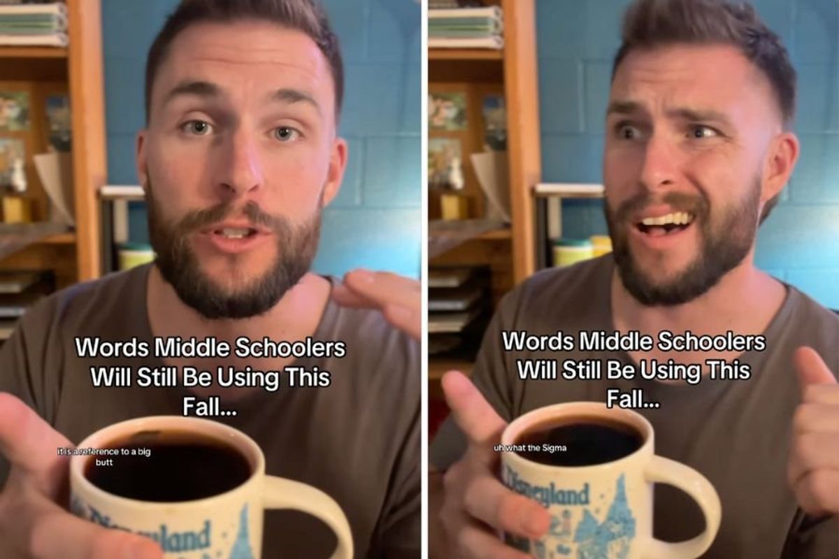 man holding coffee talking to camera