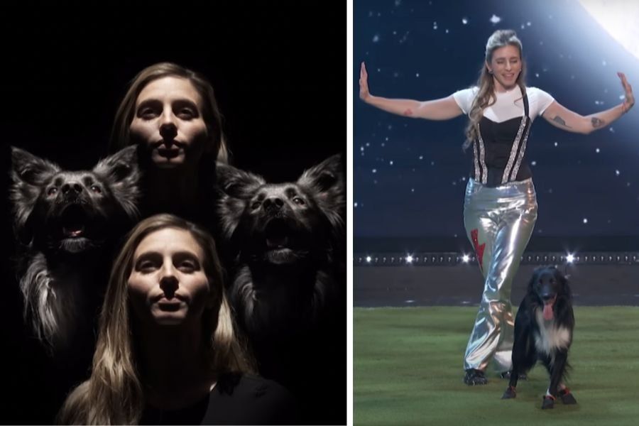 woman and dog posing for photo; dancing with dog in front of audience