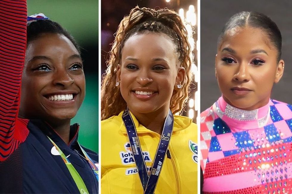 Simone Biles and Jordan Chiles bow before Rebecca Andrade, embodying the Olympic spirit