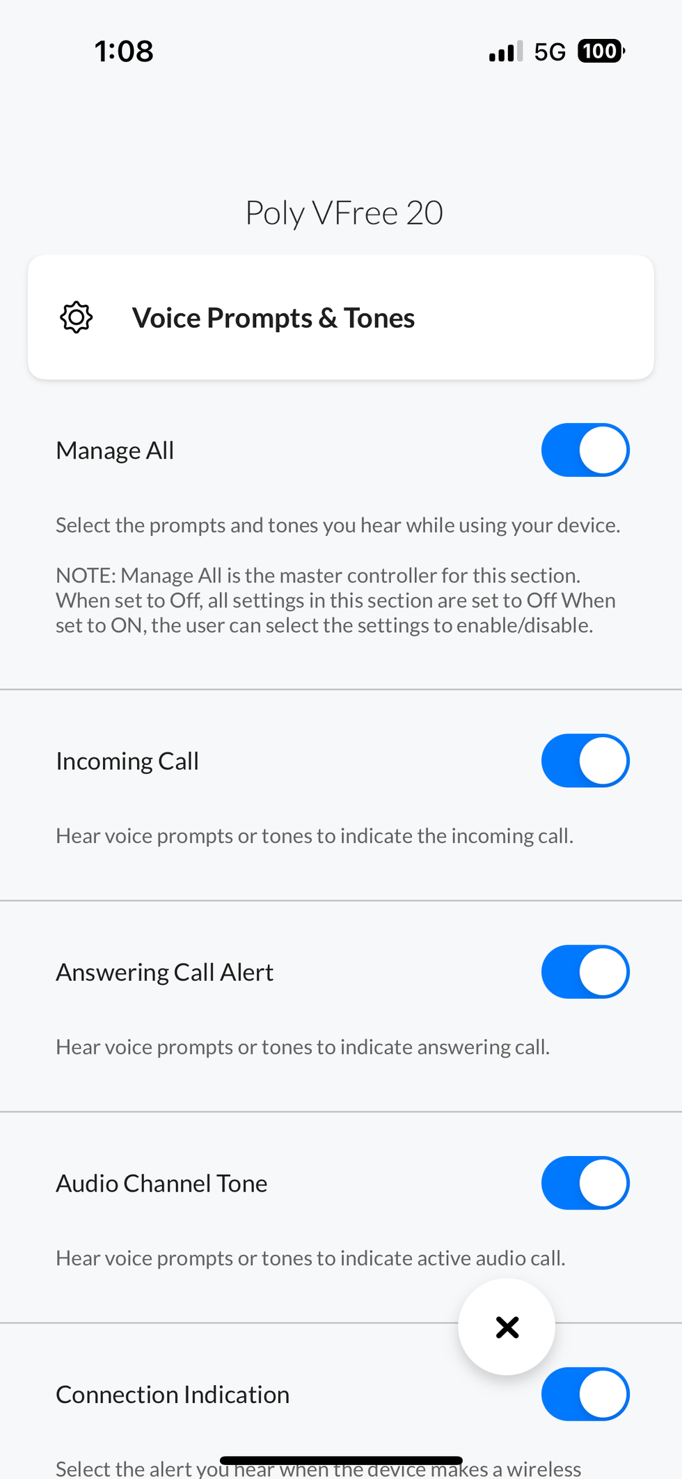 a screenshot of the voice prompt settings in Poly app