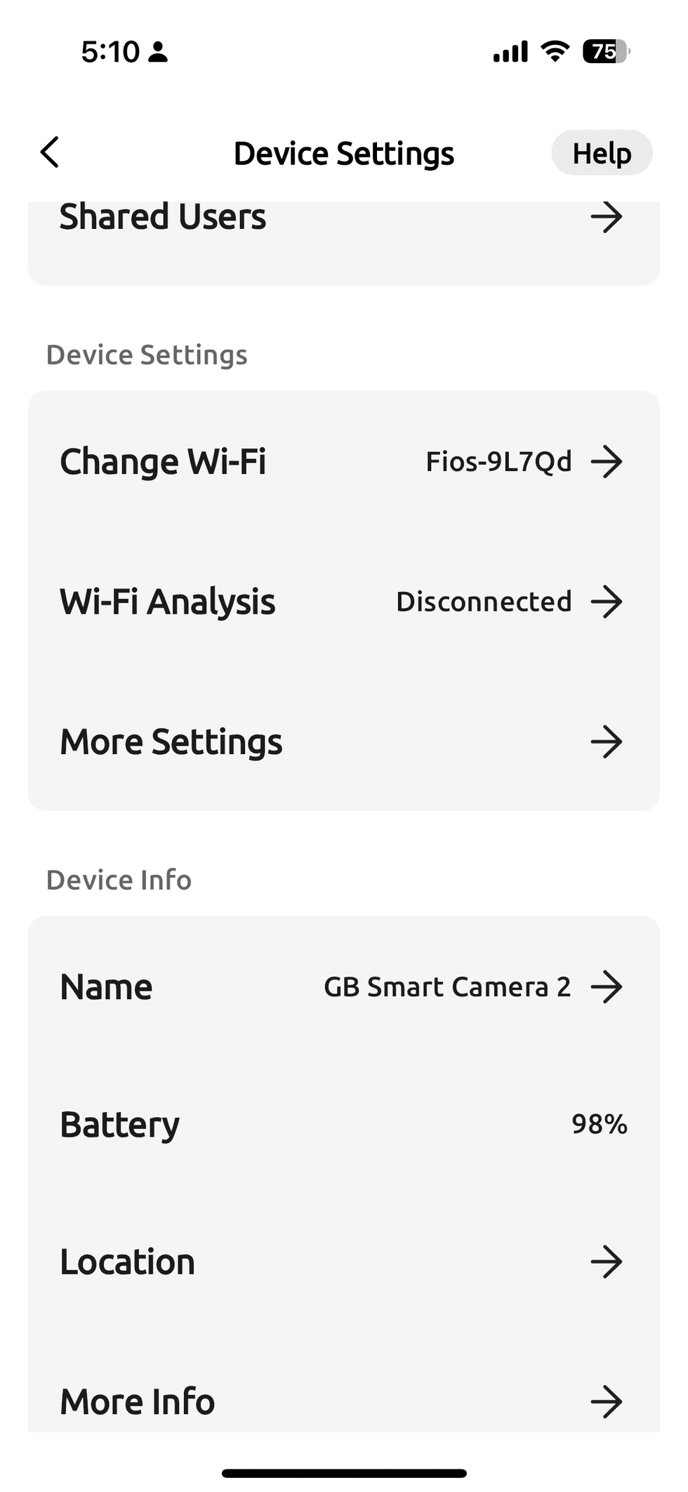 A screenshot of device settings in SmartHOme app