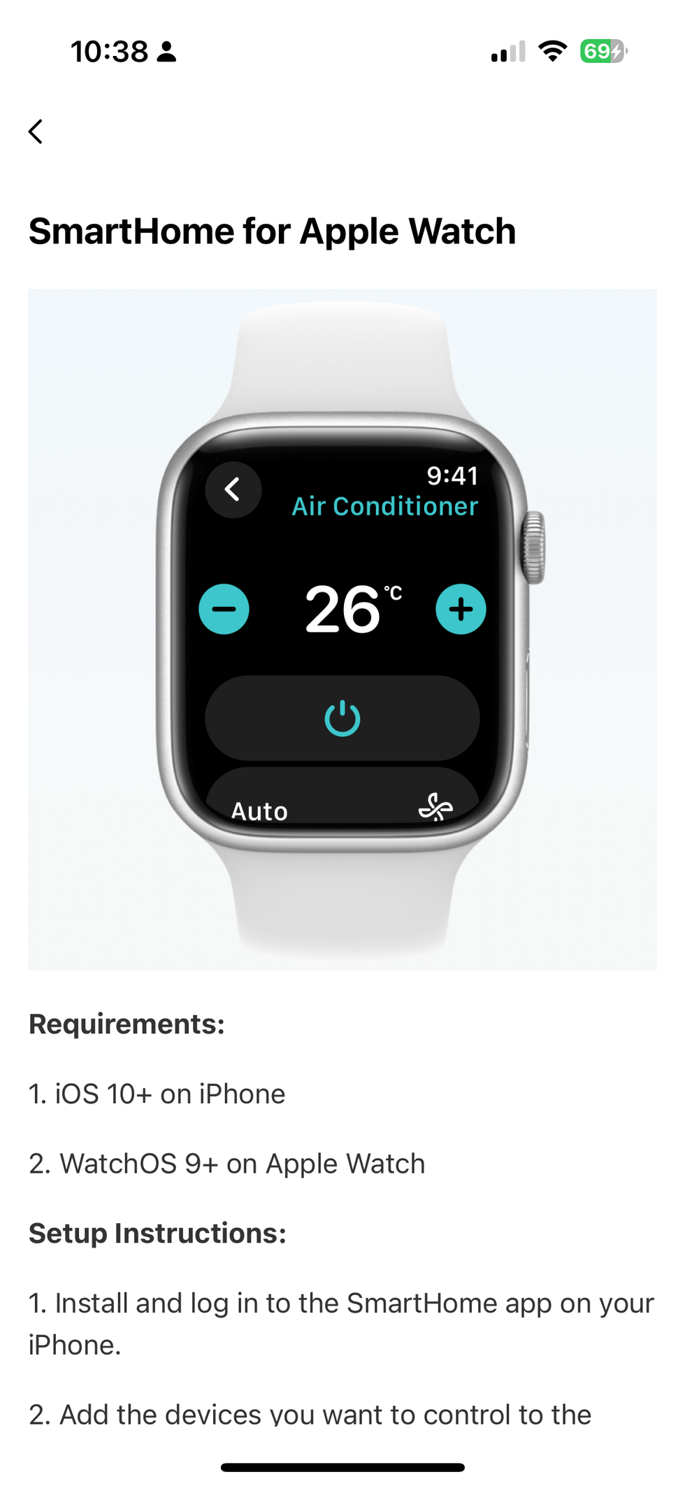 a screenshot of Apple watch integration in SmartHome app