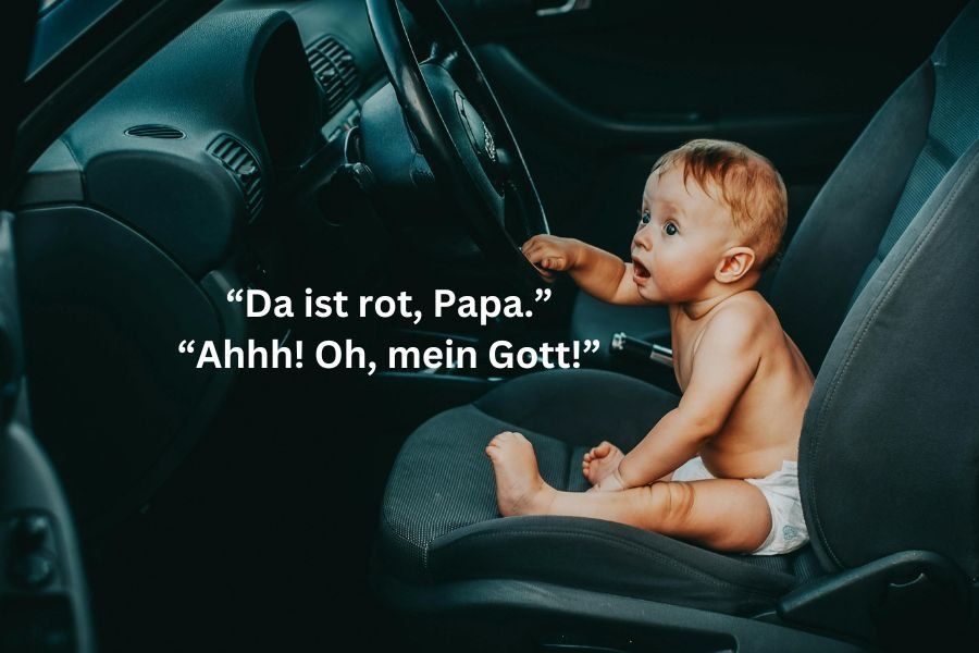 baby in a diaper sits in the driver's seat of a car