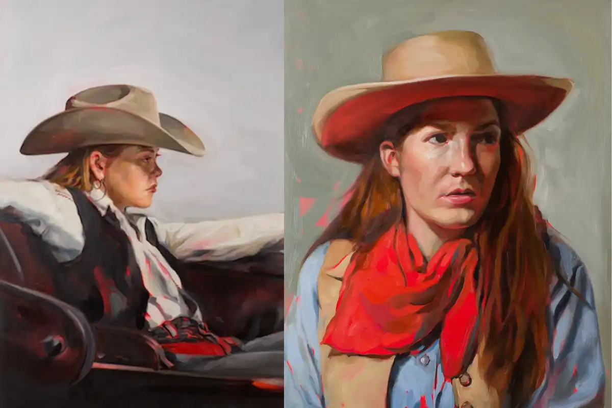 Two paintings of women in iconic western poses with cowboy hats