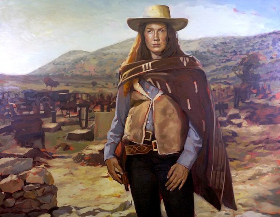 Woman in old fashioned Western scene