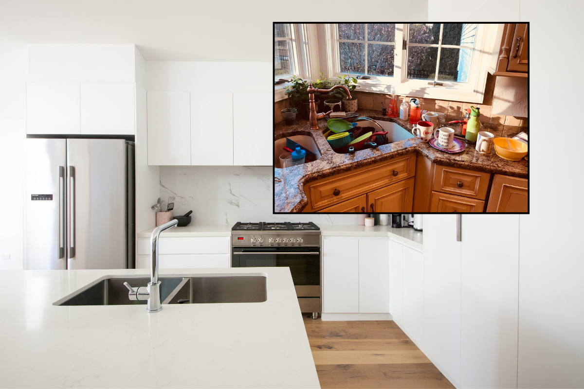 Contrasting images of a sparkling clean white kitchen and a messy kitchen with dirty dishes
