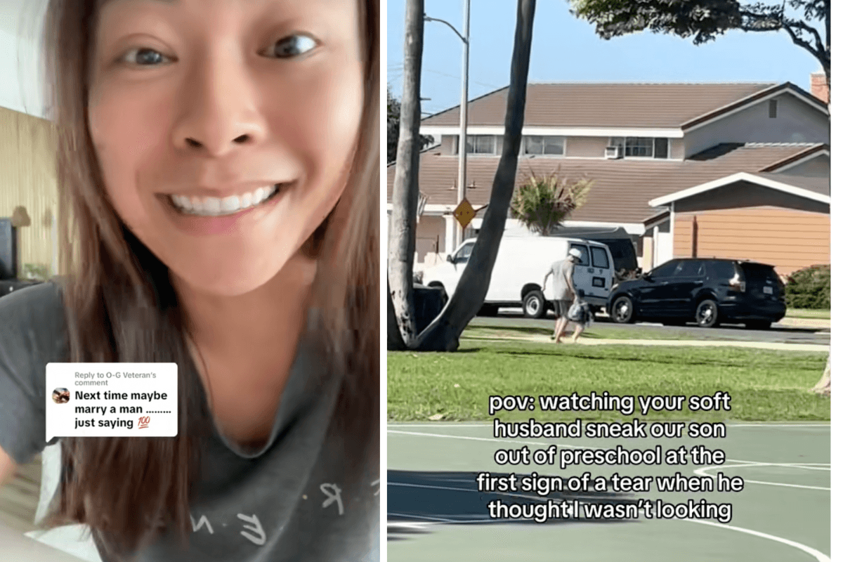 Split screen image of woman talking and a dad and his son running across grass