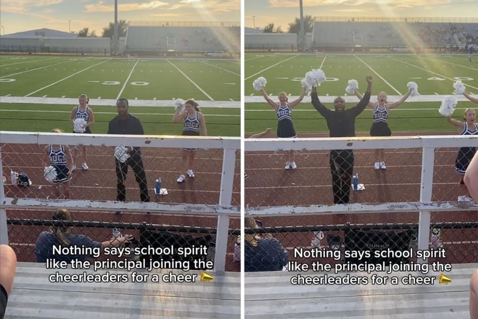 Junior high principal grabs a pom, joins the cheer squad for 'ROWDY' routine, and nails it