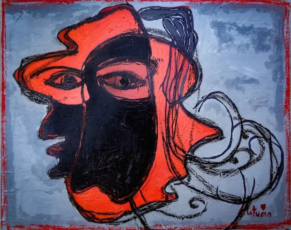 Abstract face sketch in red and black, with flowing lines on a gray background.
